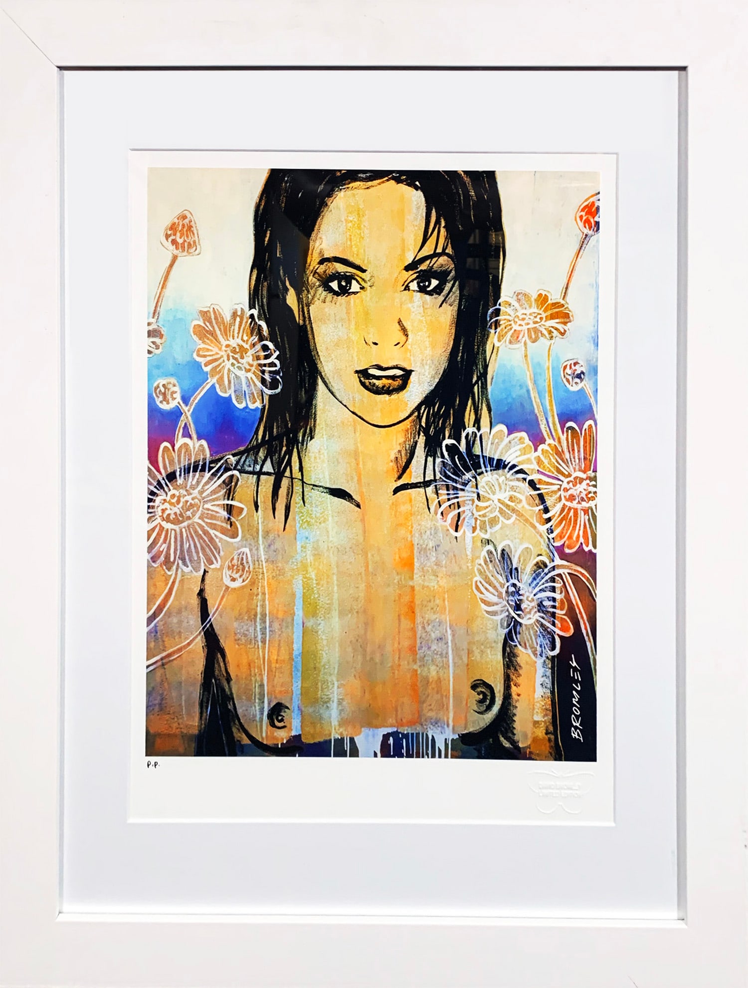 DAVID BROMLEY 'Belinda with Flowers' (2008) Framed Giclee Print: 'Belinda with Flowers' by David Bromley, 2008 16.5 x 12.5 Inches 42 x 31.75 Centimeters 22.5 x 18.5 x 1.15 Inches (framed) Rare giclee print on 100% cotton rag fine art paper. Limited Edition of only