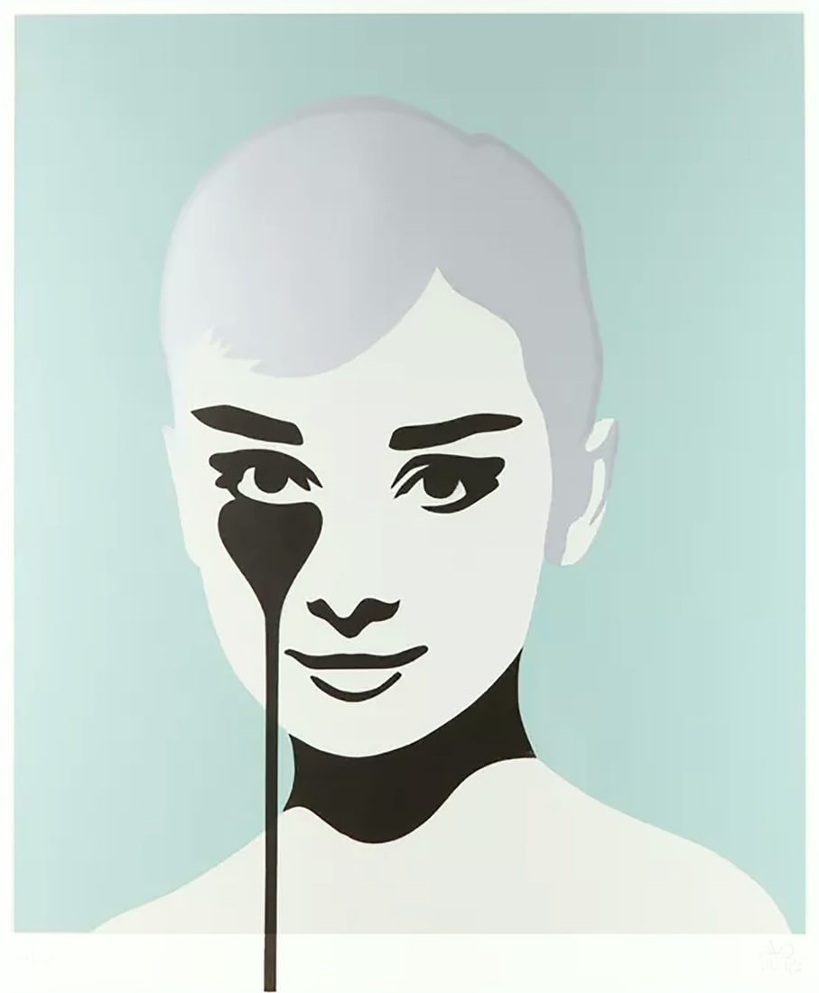 PURE EVIL 'Andrea Dotti's Nightmare - Audrey' (2015) Screen Print: 'Andrea Dotti's Nightmare: Audrey' by Pure Evil, 2015 Rare mono variant with light sage green background. Tribute to Hollywood icon Audrey Hepburn. 33.5 x 27.5 Inches 85 x 70 Centimeters Screen print