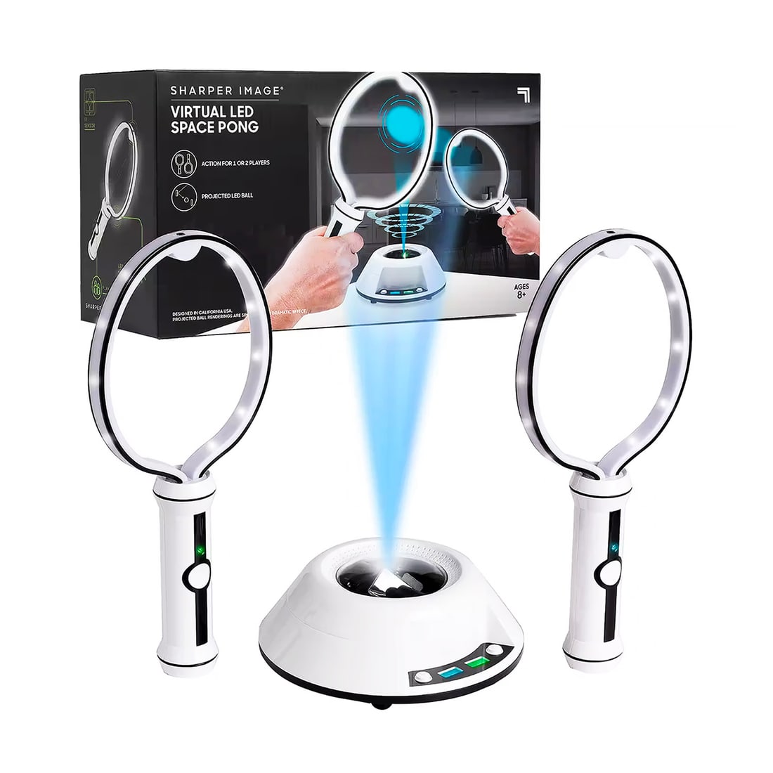 THE SHARPER IMAGE 'Virtual LED Space Pong' (2019) Electronic Game: 'Virtual LED Space Pong' by The Sharper Image, 2019 12.75 x 5 x 1.5 Inches (paddle) 7.8 x 13.3 x 5.3 Inches (box) Electronic 1 or 2 player Ping-Pong style game. Officially licensed by The Sharper Imag
