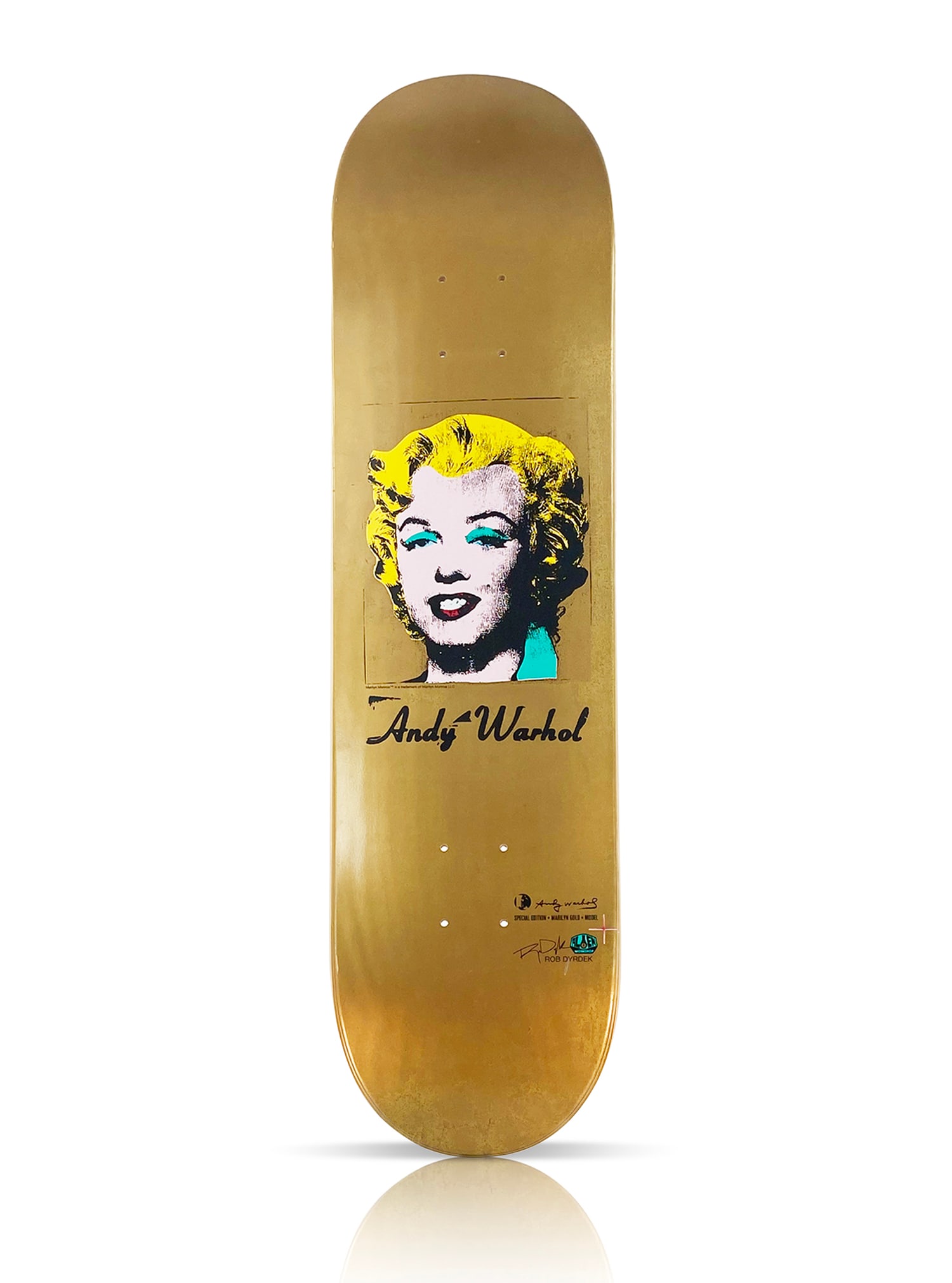ANDY WARHOL 'Marilyn Gold' (2011) Skateboard Deck: 'Marilyn Gold' by Andy Warhol (after), 2011 Limited Edition Skateboard Deck by Alien Workshop for pro skater Rob Dyrdek. Officially licensed by the Andy Warhol Foundation. 7.75 x 31.5 Inches Screen pr