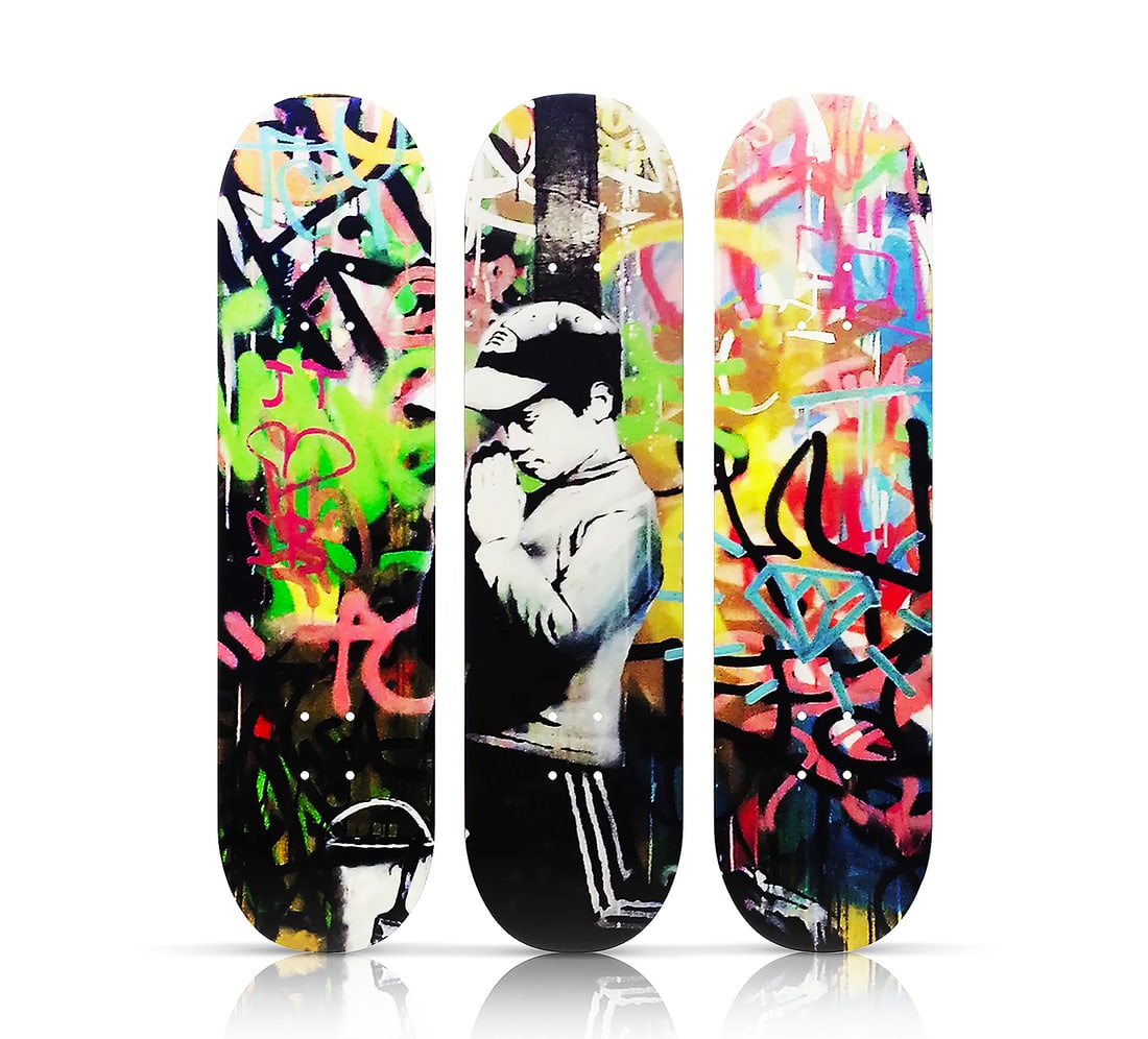 BANKSY 'Forgive Me' Triptych Skateboard Deck Set Adjust Stock More (1 of 8)