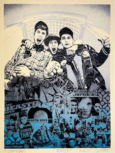 SHEPARD FAIREY 'Beastie Boys: Stand Together (Blue & Silver)' Screen Print: 'Beastie Boys: Stand Together (Blue & Silver)' by Shepard Fairey, 2023 18 x 24 Inches 45.7 x 61 Centimeters Screen print on thick cream Speckletone paper. Blue variant with Silver silkscreen ink. Lim