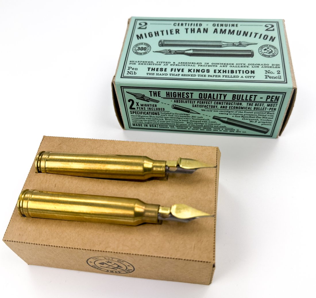 RAVI ZUPA '.308 MT Ammunition Box (Green)' Mixed Media: A '.308 MT Ammunition Box (Green)' by Ravi Zupa, 2023 Limited Edition Mixed Media box set of 2 faux .308 bullets made from no.2 pencil and Speedball pen nib. Comes nestled in custom chipboard and stic
