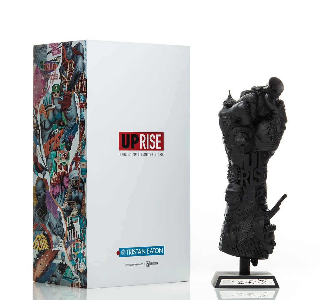 TRISTAN EATON 'Uprise Fist' (2023) Vinyl Art Sculpture: 'Uprise Fist' by Tristan Eaton, 2023 Limited Edition art sculpture collab. with Sideshow Collectibles. Based on the Eaton's street art mural in Paris, France - June 2017. Black variant. 16.5 x 5.75 x 