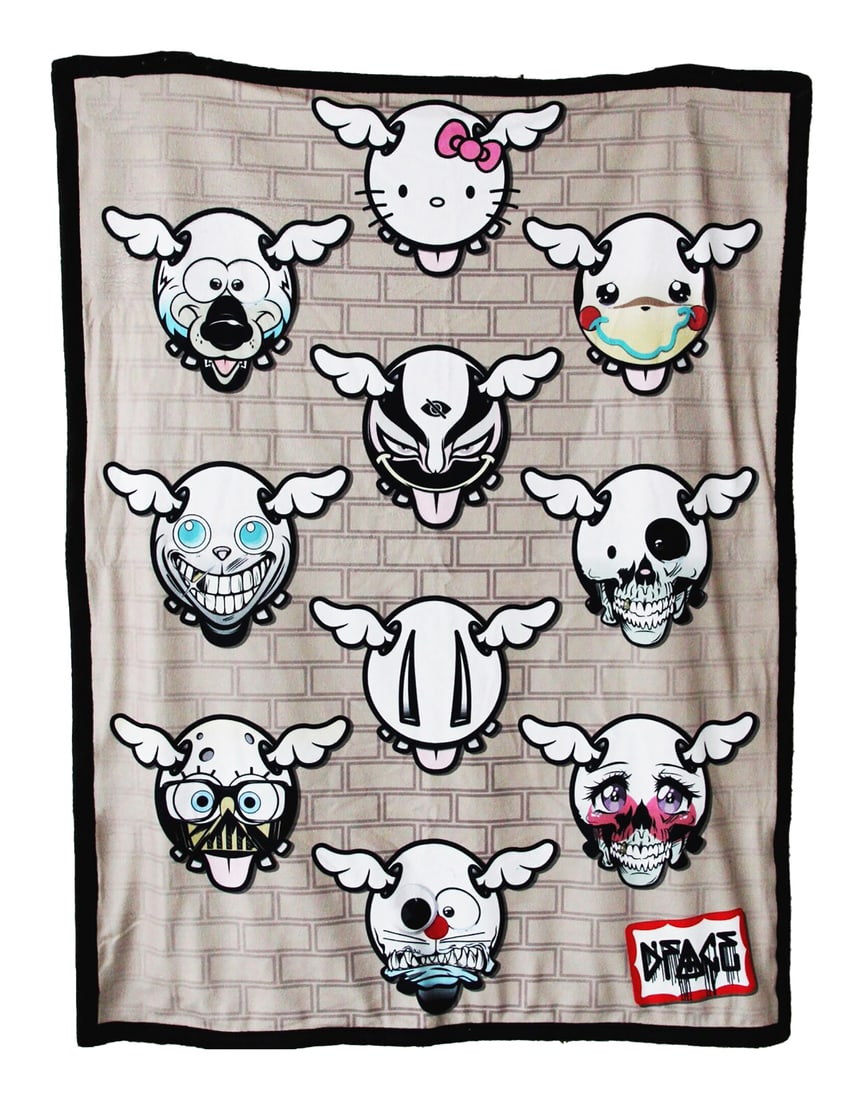 D*FACE 'Dog Patrol' (2020) Sublimated Print on Super-Soft Blanket: 'Dog Patrol' by D*Face, 2020 Special edition blanket featuring the artist's famous D-Dog logos. 56 x 43 Inches 12 x 15 x 3.5 Inches (bagged) Sublimated print featuring several of the artist's famous D