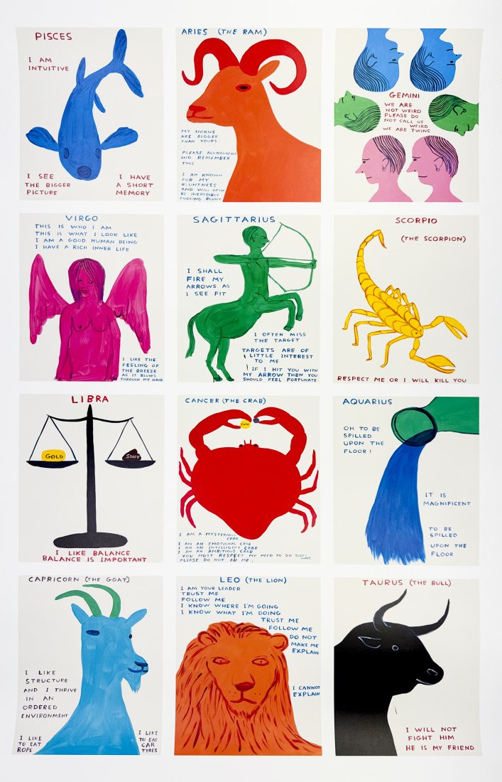 DAVID SHRIGLEY 'Signs of the Zodiac' Offset Lithograph: ‘Signs of the Zodiac’ by David Shrigley, 2024 36 x 24 Inches / 91.5 x 61 cm Offset Lithograph on 200gsm matte Arctic Volume fine art paper. Open Edition (Sold Out) Publishing details displayed on
