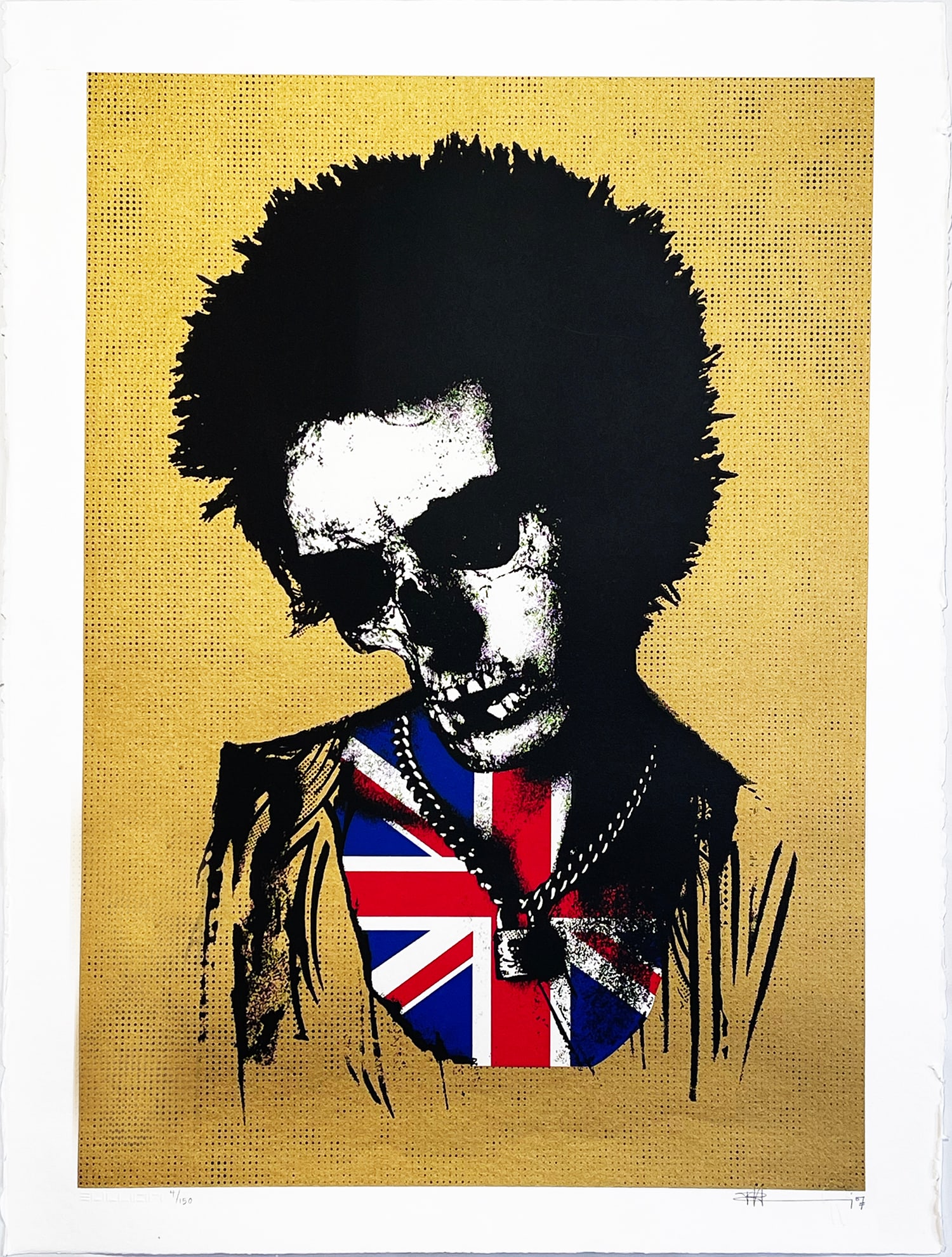 PAUL INSECT 'Dead Sid' (2007) RARE Gold Variant Screen Print: 'Dead Sid' by Paul Insect, 2007 30 x 22.7 Inches 76.2 x 57.7 Centimeters RARE 3-colour screen print with gold background on hand-pulled, deckled edge 340gsm fine art paper. Limited Edition of 175 (#2