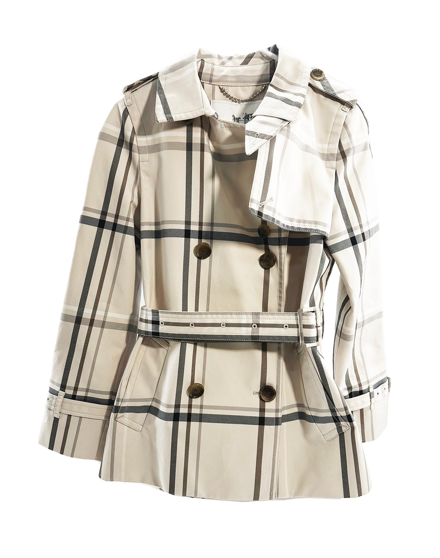 COACH 'Women's Tattersall Short Trench Coat' (2015) Brand New with Tags: 'Women's Tattersall Short Trench Coat' by Coach, 2015 Size: Women's Small; Color: Ivory + grey/brown plaid. Cotton blend with fabric lining. Stylish hip-length trench has slim, blazer-like fit + eleg