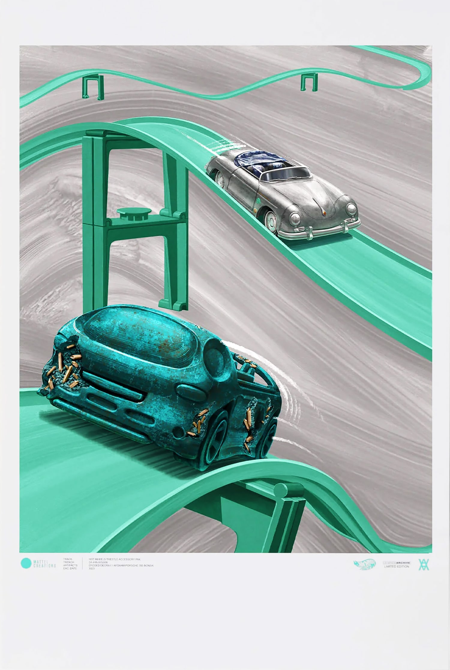 DANIEL ARSHAM x Hot Wheels 'Legends Archive Lap' (2023) Collectible Poster: 'Legends Archive Lap' by Daniel Arsham, 2023 From the artist's Limited Edition car series collab. with Hot Wheels x Mattel. 36 x 24 Inches 91.4 x 61 Centimeters Offset lithograph print on thick, 95lb