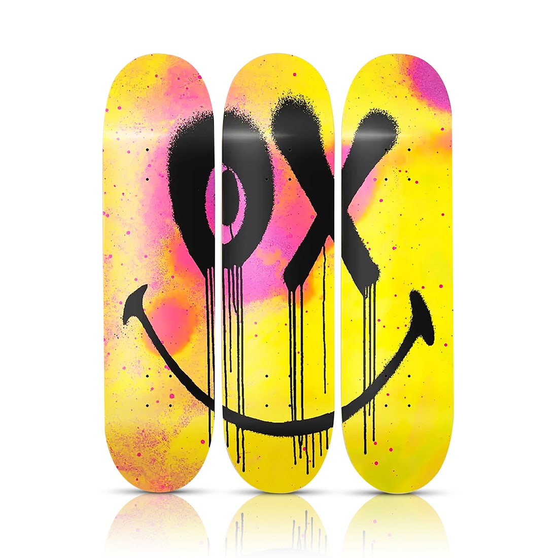 ANDRE SARAIVA 'Mr. A Smiley' (2022) Triptych Skateboard Deck Set: 'Mr. A Smiley' by Andre Saraiva, 2022 Limited Edition Triptych Skateboard deck set collab. with The Skateroom. Officially licensed by Mr. Saraiva. 8 x 31 Inches each. Screen print on (3x) 7 ply Grade