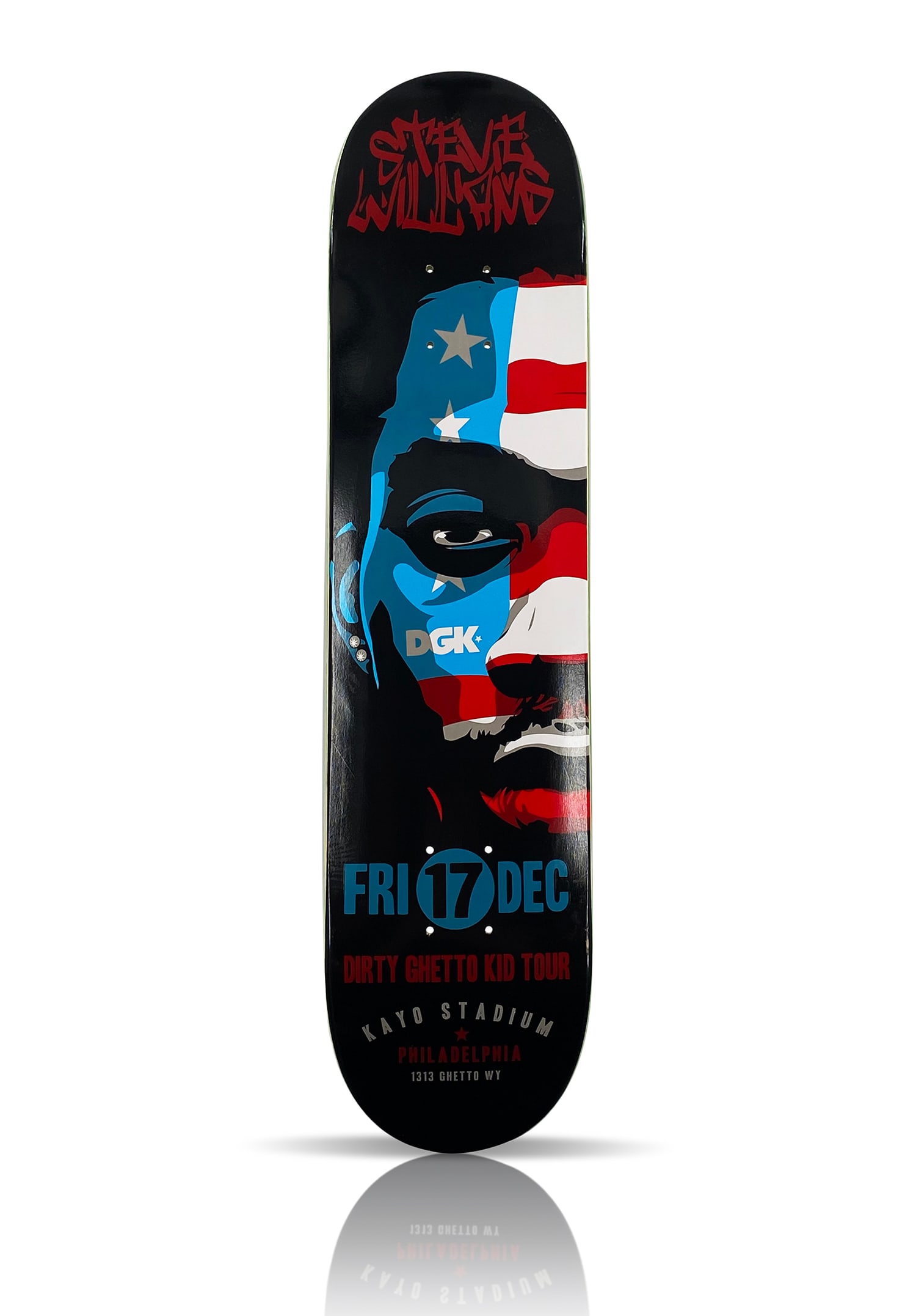 DGK 'America: Stevie Williams' Skateboard Deck: 'America' by DGK Skateboards, 2020 Limited Edition Skateboard Deck for pro skater Stevie Williams. 7.5 x 30.75 Inches Screen print on 7-ply Canadian Maple hardwood skate deck. Limited Edition (Sold Ou