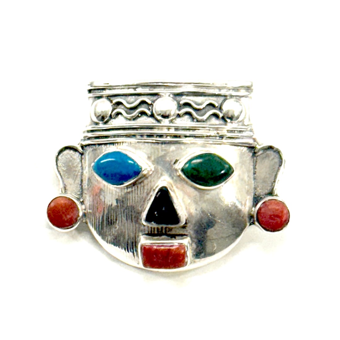 PERUVIAN JEWELRY 'Silver + Turquoise Tribal Mask' Vintage Pin/Pendant (1 of 7)