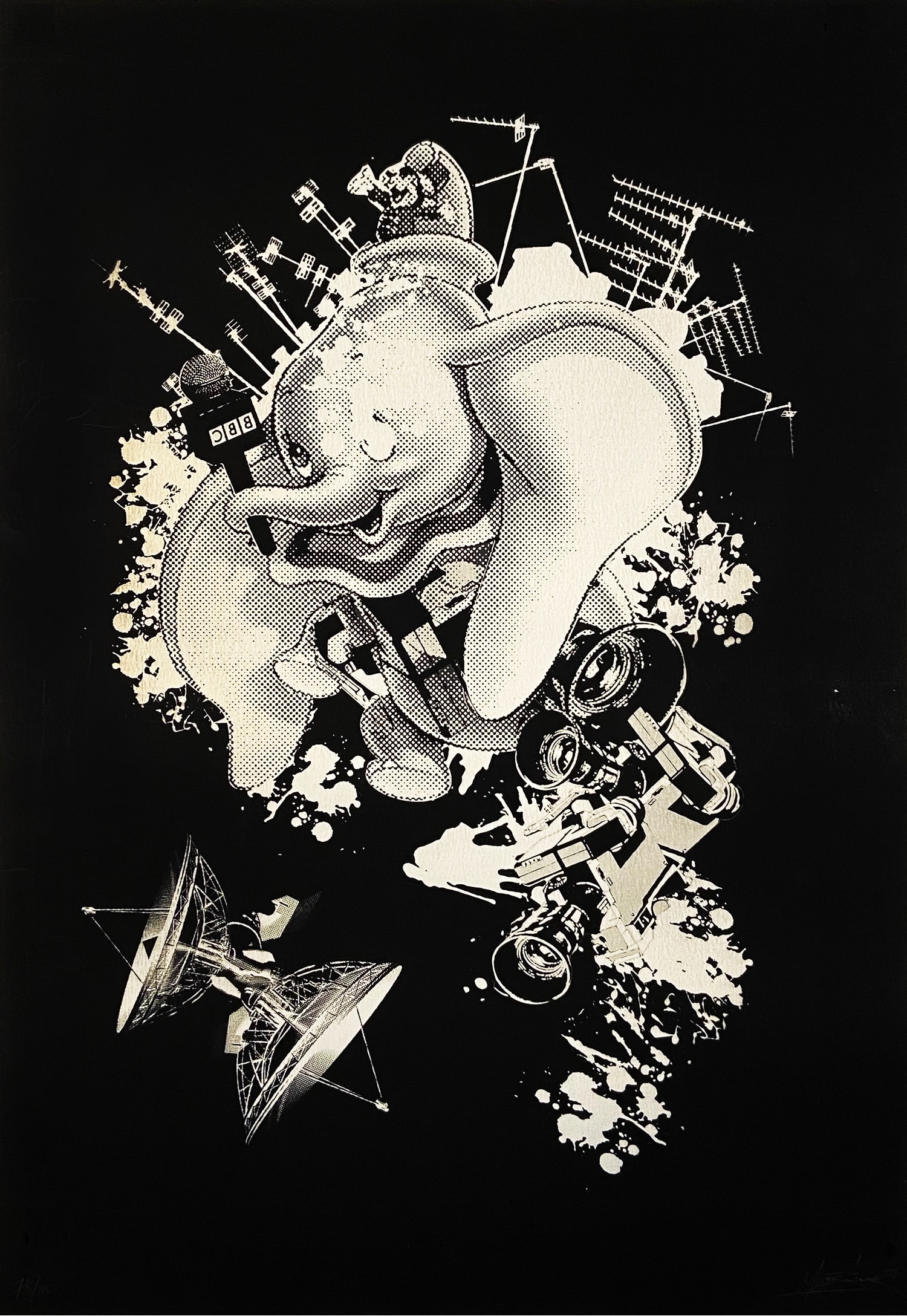 MISS BUGS 'When Dumbos Attack' (2020) Screen Print: 'When Dumbos Attack' by Miss Bugs, 2020 From the artist's 'Mashup Prints' collab. with artist Pure Evil. 27.5 x 19.75 Inches 70 x 50 Centimeters Screen print with "wacky inks" on black 300gsm Pilke fi