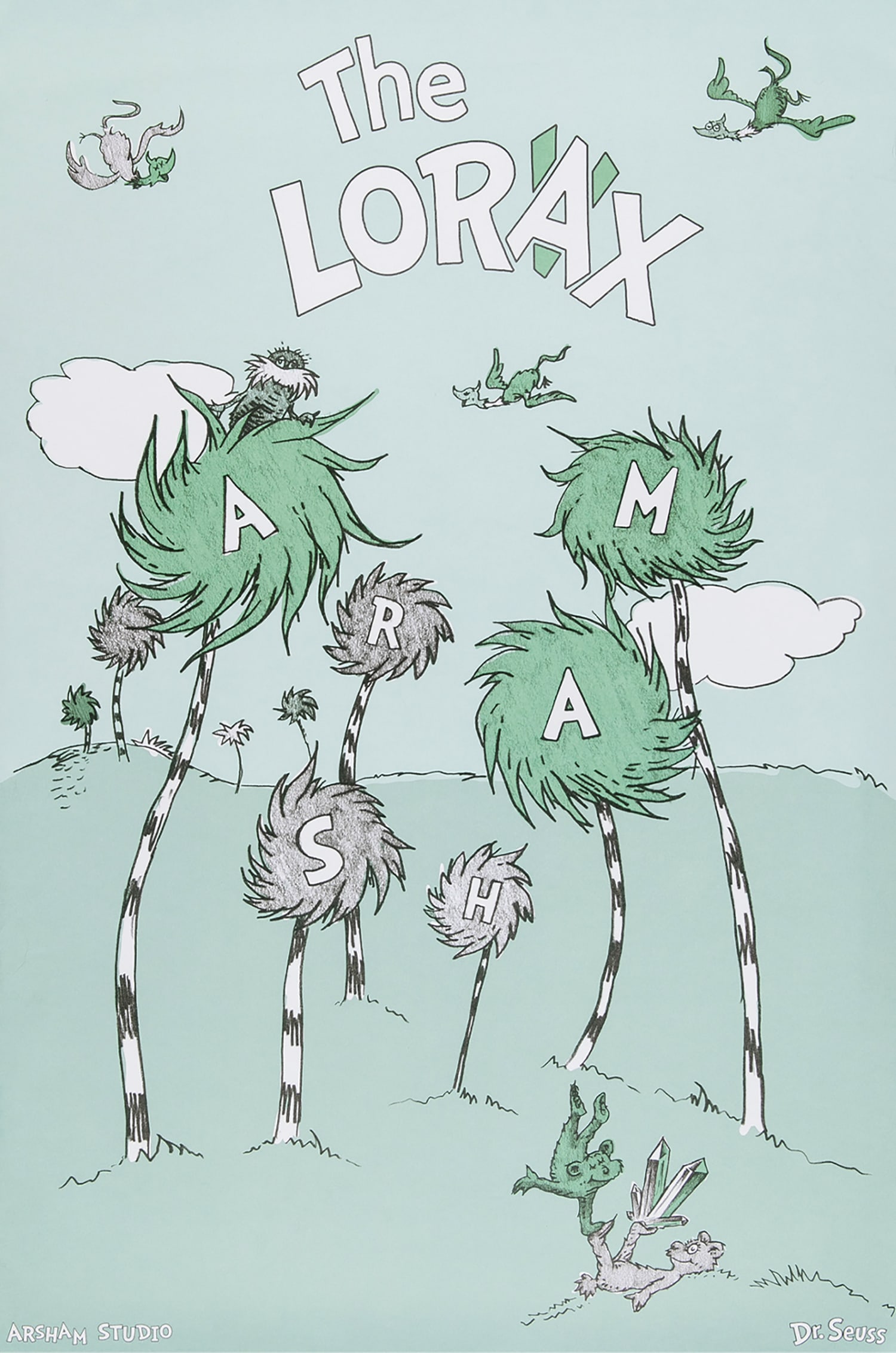 DANIEL ARSHAM 'Dr. Seuss: The Lorax' (2024) Offset Lithograph: 'The Lorax' by Daniel Arsham, 2024 A new poster reimagining of the Dr. Seuss classic. Officially licensed by Dr. Seuss Enterprises. 36 x 24 Inches 91.4 x 61 Centimeters Offset lithograph in Arsham-co