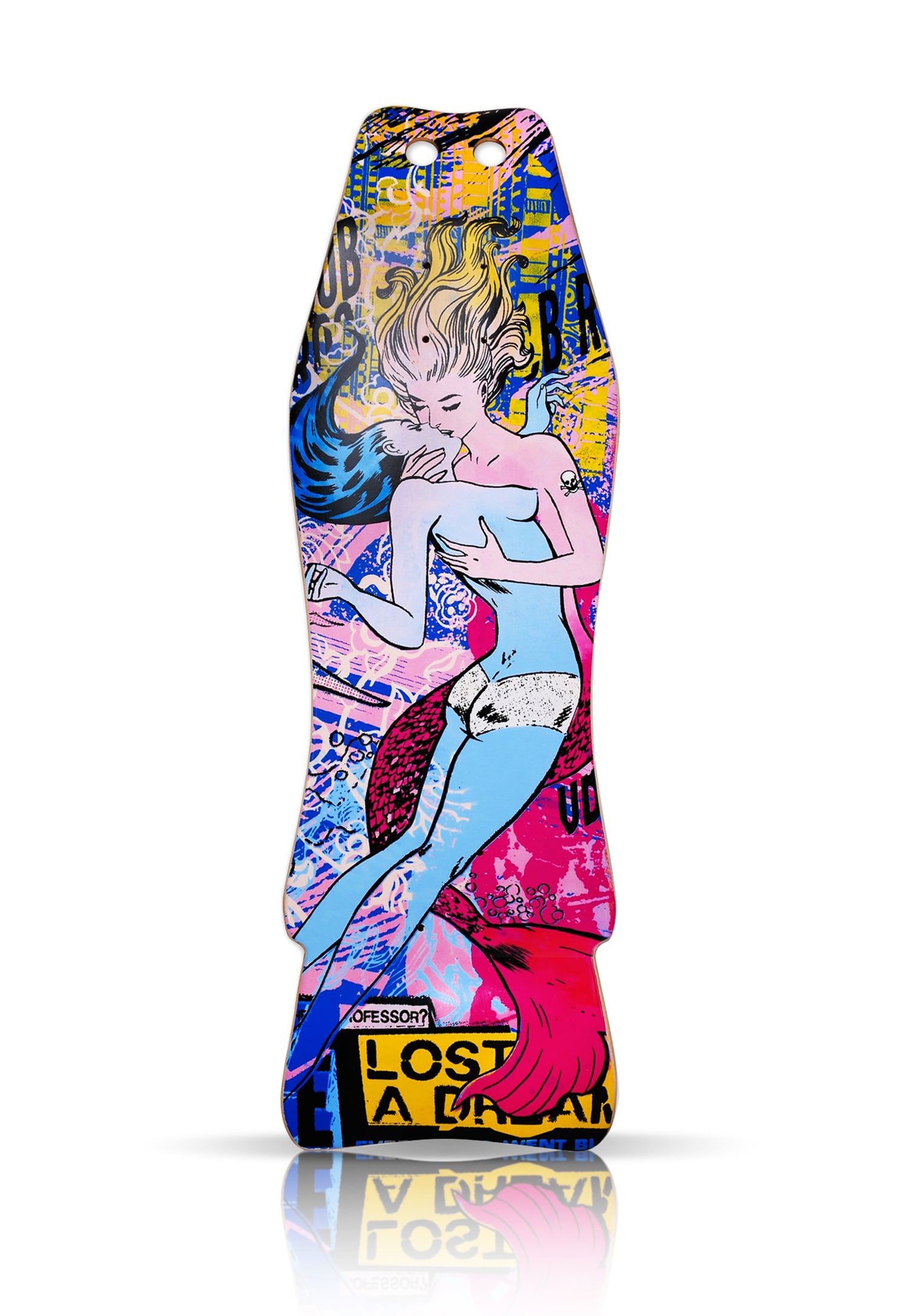 FAILE x Beyond the Streets 'Subrosa' (2019) Skateboard Deck: 'Subrosa' by Faile, 2019 Limited Edition Skateboard deck collab. with Beyond the Streets gallery. 9.10 x 29.15 Inches Screen print on 7-ply Hard Rock Maple wood Hammerhead-style skate deck. Limited Ed