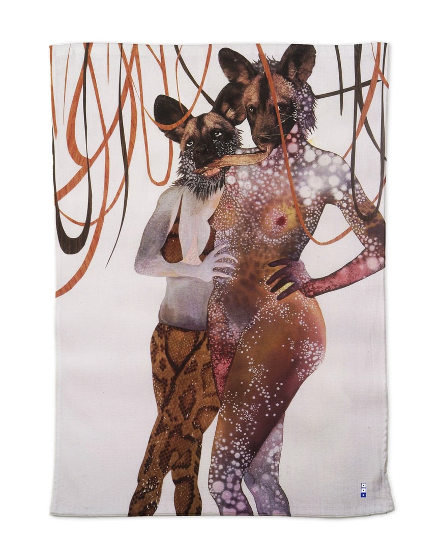 WANGECHI MUTU 'Intertwined' (2022) Linen Tea Towel: 'Intertwined' by Wangechi Mutu, 2022 Contemporary designer tea towel based on the artist's original work from 2003. 26.4 x 19.7 Inches 67 x 50 Centimeters 12 x 8.5 Inches (packaging) Printed graphic o