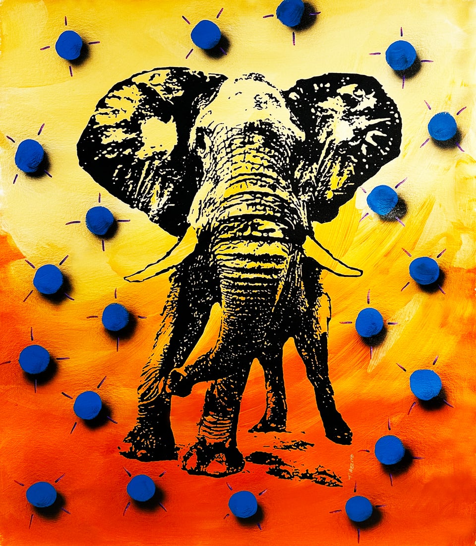 TONY AZZITO 'Blue Dot Elephant' (2015) Original Pop Art on Canvas: 'Blue Dot Elephant' by Tony Azzito, 2015 40.8 x 35.3 Inches 103.6 x 89.7 Centimeters Hand-painted mixed media (silkscreen, acrylic) on 100% cotton canvas (rolled). Original artwork (#1/1) Hand-signed 