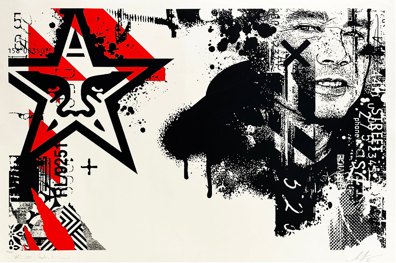 WK INTERACT x SHEPARD FAIREY 'Shepard/WK Portrait' Screen Print: 'Shepard/WK Portrait' by Shepard Fairey, 2023 Limited Edition print collab. with NYC mural artist WK Interact. 24 x 36 Inches 61 x 91.4 Centimeters Screen print on French Speckletone True White fine a