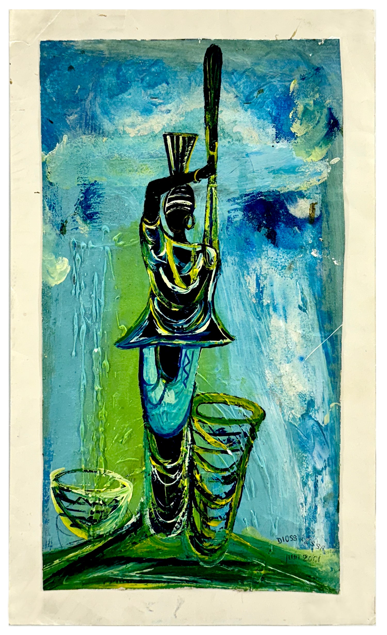 DIOSS + ISSA LY 'La Pilleuse' (2001) Original Senegalese Artwork: ‘La Pilleuse' by Dioss + Issa Ly, 2001 16 x 8.8 Inches 40.6 x 22.4 Centimeters 18 x 10.75 Inches (paper) Unique image of a Senegalese woman in thick strokes of acrylic on canvas. Affixed to thic