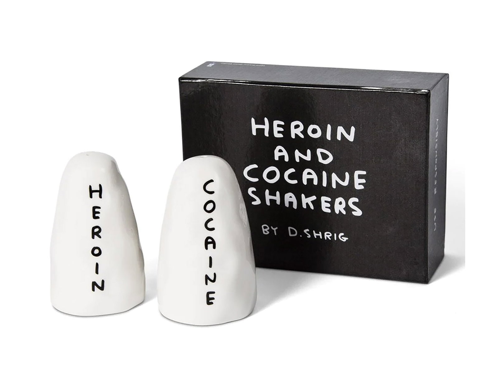 DAVID SHRIGLEY 'Heroin + Cocaine Shakers' (2017) Ceramic Set: 'Heroin and Cocaine Shakers' by David Shrigley, 2017 Based on the artist's painting from 2000. 4 x 2 x 2 Inches each. 10.2 x 5 x 5 Centimeters each. 6.7 x 5 x 2.6 Inches (box) Painted ceramic salt + p