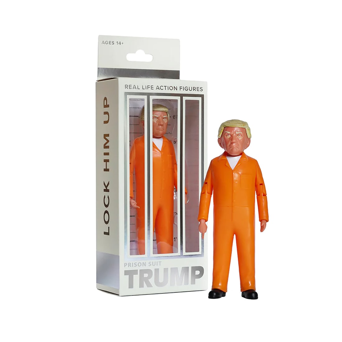 FCTRY 'Donald Trump' (2023) Real Life Action Figure (prison suit): 'Donald Trump' by FCTRY, 2023 Prison suit "Lock Him Up" variant. 6 Inches tall 15.2 Centimeter tall 9.25 x 3.5 x 2 Inches (box) Designer vinyl "Real Life Action Figure" flipping the bird!