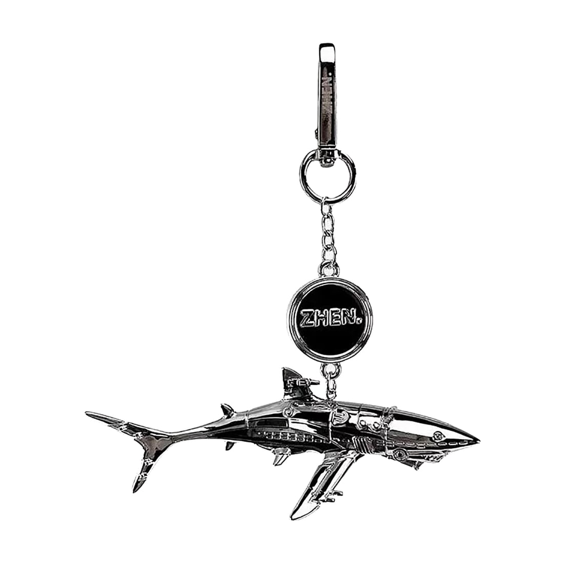 HAJIME SORAYAMA x Zhen 'Shark' (2021) Chrome Figural Keychain: 'Shark' by Hajime Sorayama, 2021 Figural keychain based on the artist's famous 'Shark' from 2020. Limited Edition collab. with Nanzuka x Zhen. 5 x 1 Inches + 3 Inches (chip + clasp). 12.7 x 2.5 Centim