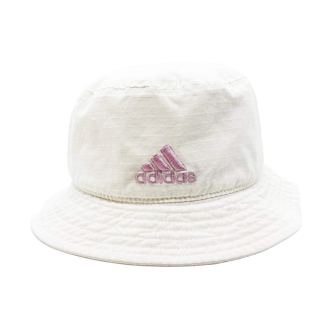 ADIDAS 'Aero-Ready' (white) Unisex Bucket Hat: 'Aero-Ready' by Adidas Color(s): White Size: One Size Fits Most 100% cotton shell with 80/20 polyester/cotton lining. Pink embroidered Adidas logo. Aero-Ready fabric, perforated for ventilation. *Note