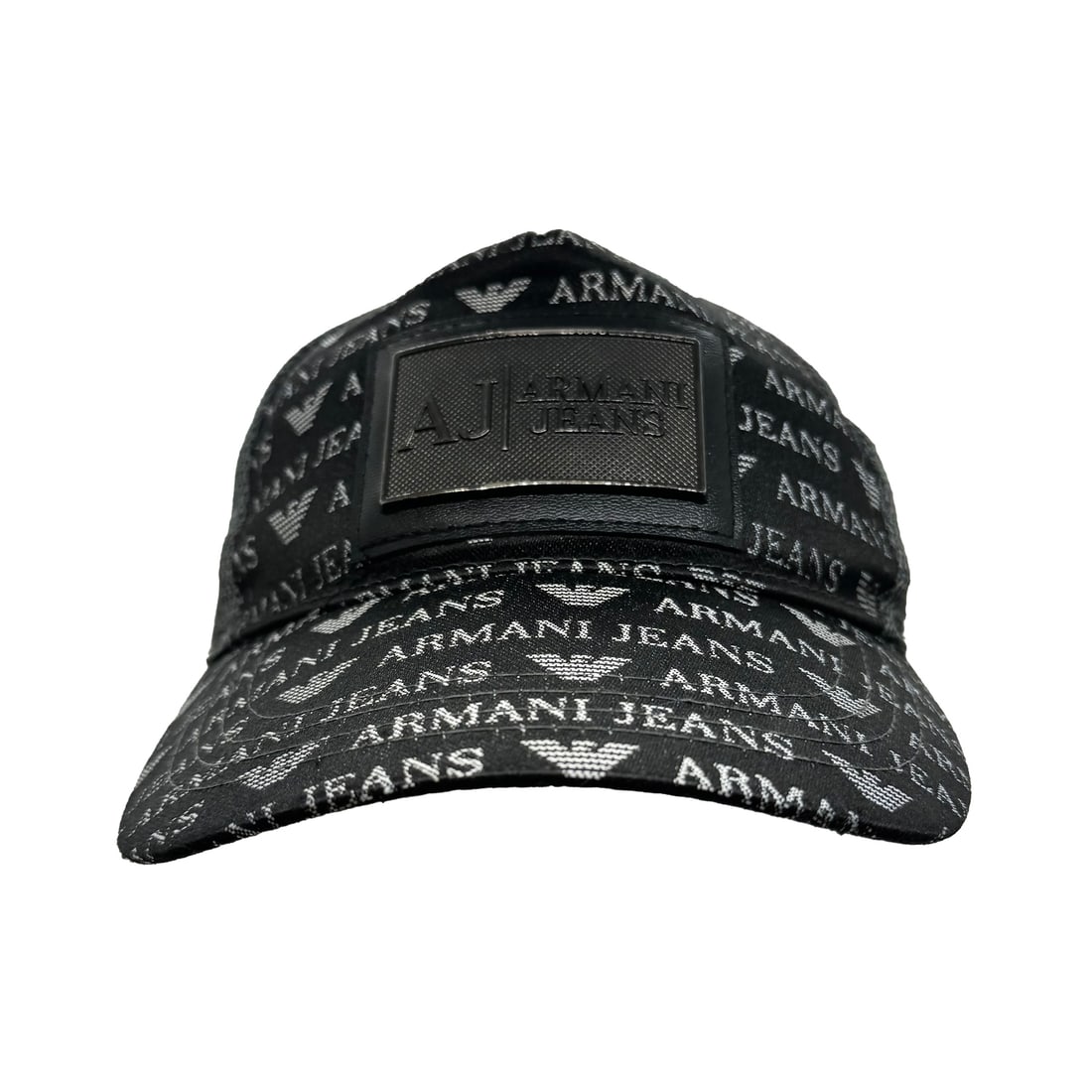 ARMANI EXCHANGE 'Armani Jeans' (black/grey) Adjustable Trucker Hat: 'Armani Jeans' by Armani Exchange Color(s): Black/Grey Size: One size fits most. Denim "Trucker" hat with metal Armani plate on front panel. Small A/X metal plate on reverse. Six panels with curved bi