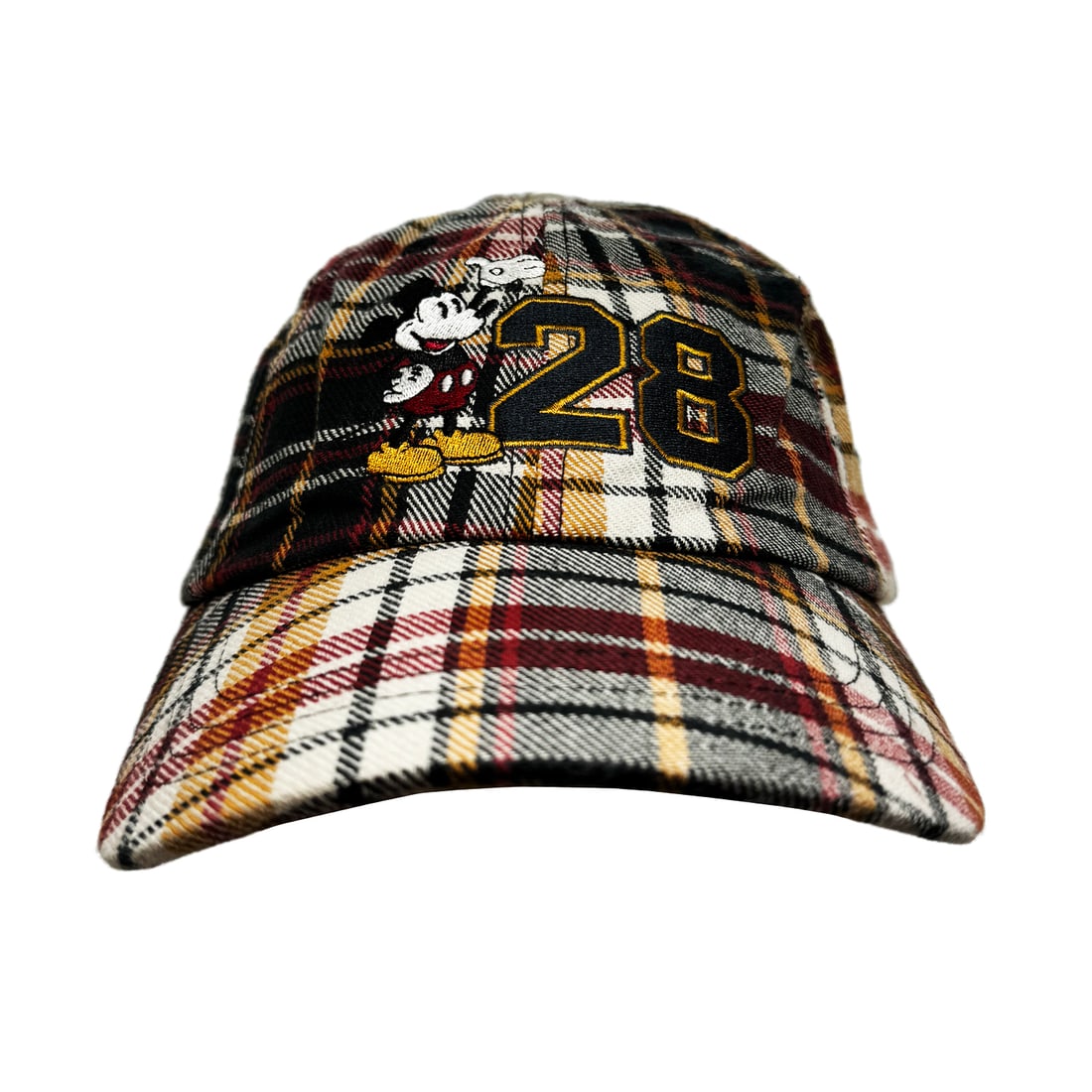 DISNEY 'Mickey 28' (plaid) Commemorative Adjustable Hat: 'Mickey 28' by Disney Parks, 2018 Officially licensed commemorative hat celebrating Mickey's 90th Birthday. Color(s): Red/Brown/Black Plaid Size: One size fits most. Embroidered "Mickey Mouse" and "28