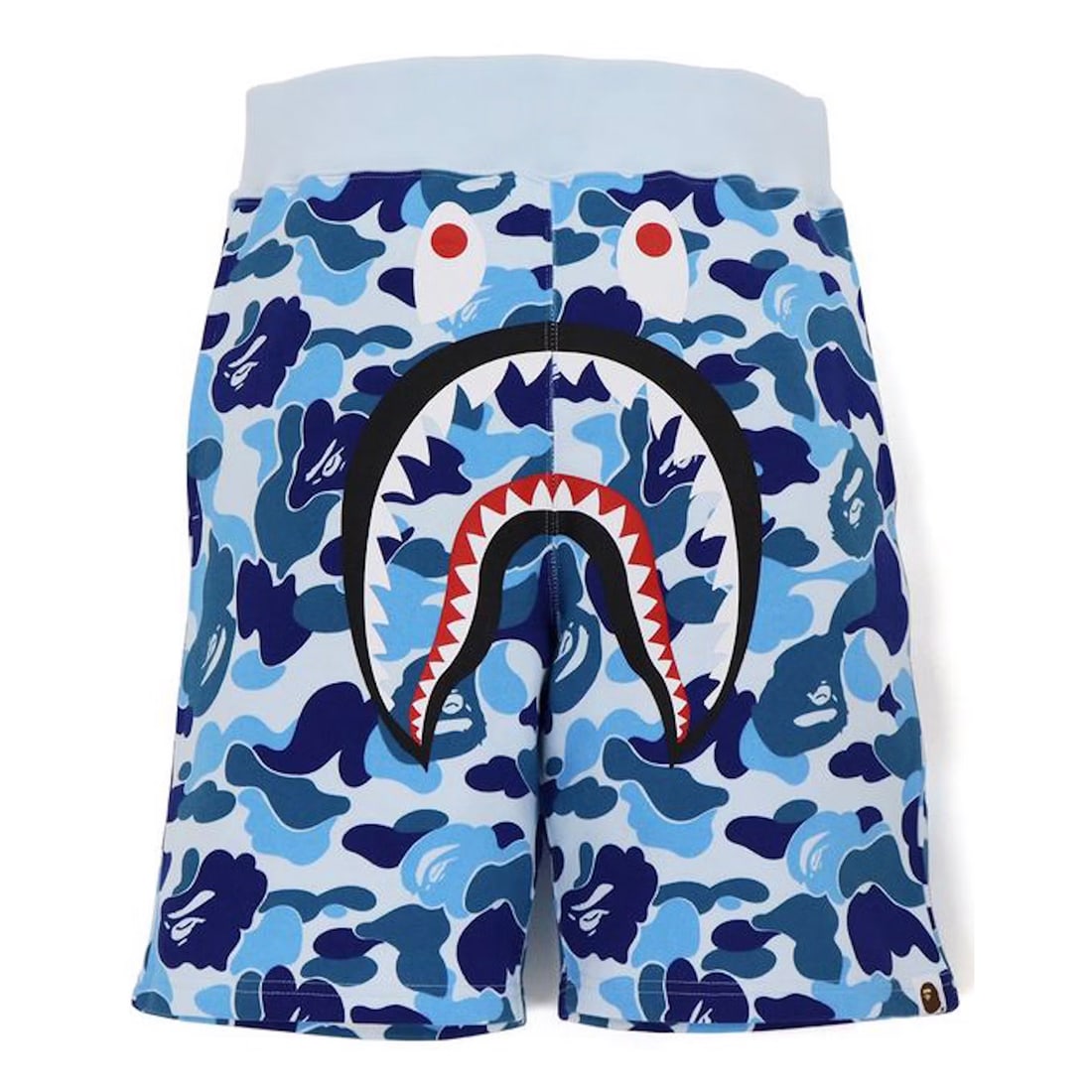 BAPE 'Big ABC Camo Shark' (2020) Men's Sweat Shorts: 'Big ABC Camo Shark' by BAPE, 2020 Blue camo version. Size: Men's 2XL (SOLD OUT). Small fit, all-over camo pattern with screen printed shark graphic. 100% cotton with stitched rear pocket. *Note: New 