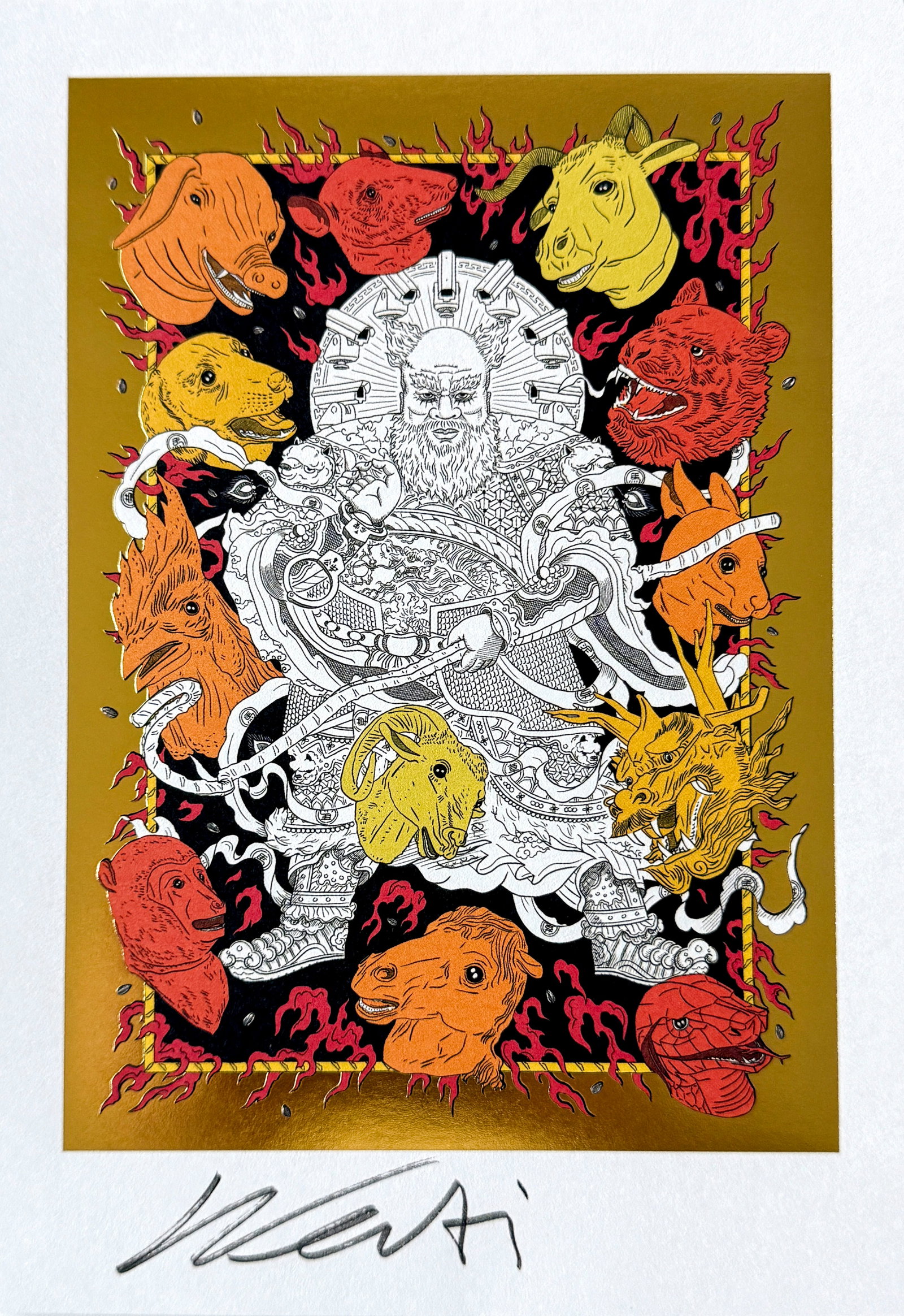 AI WEIWEI 'Zodiac' Gold Foil Stamped Mini Print: 8.75 x 6 inches Gold foil stamped archival pigment print on fine art matte paper. Limited Edition of 1000 Hand-signed by artist. ARTIST BIO Dissident artist Ai Weiwei is famous for conceptual artworks