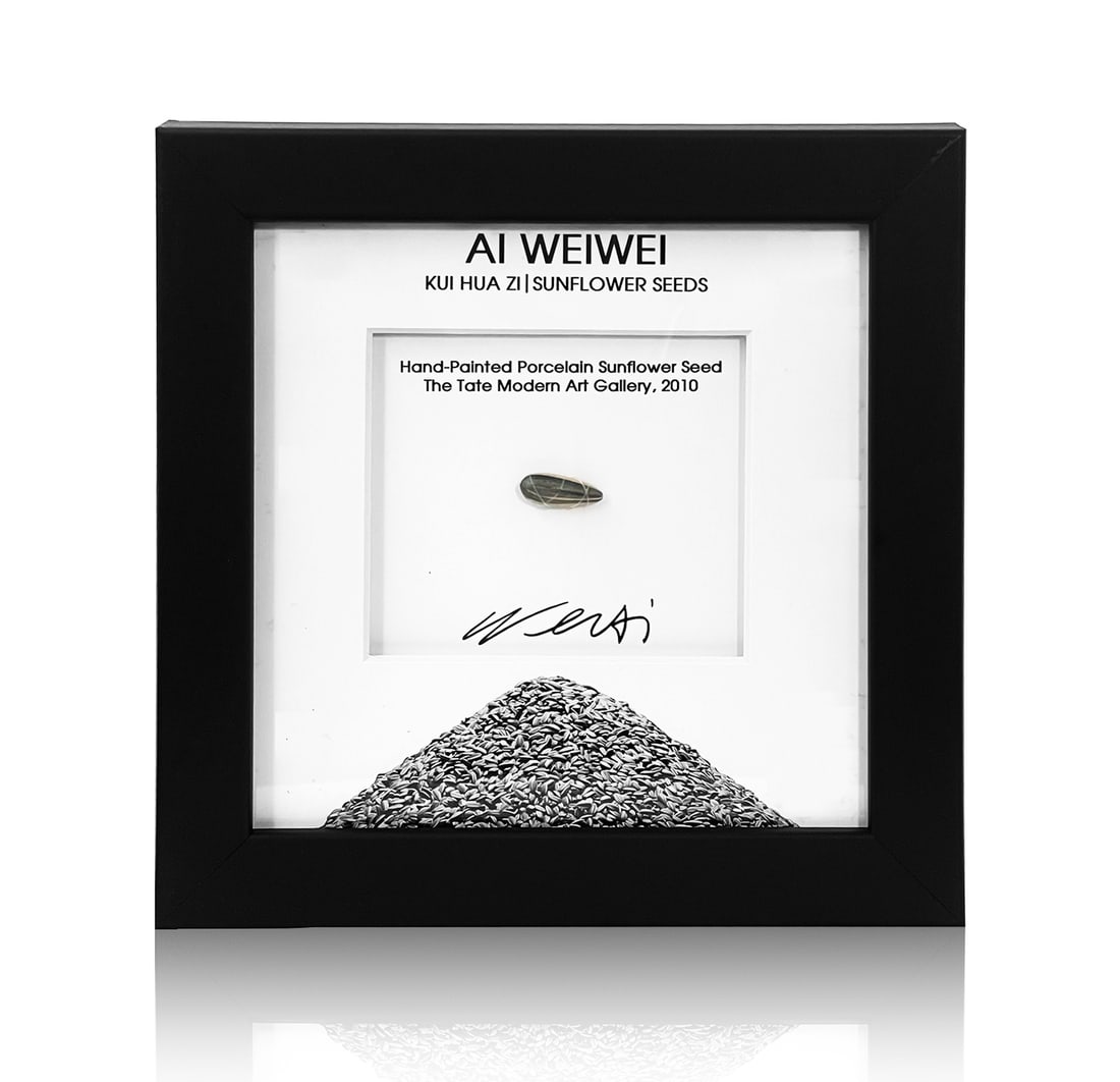AI WEIWEI 'Sunflower Seed' (2010) LE Custom Framed Hand-Painted Sculpture (AP): 'Sunflower Seed' by Ai Weiwei, 2010 Limited Edition custom framed presentation by Signari Gallery, 2021. 0.75 x .025 Inches each 1.9 x 0.7 Centimeters each 9 x 9 x 1.2 Inches (framed) Hand-pai