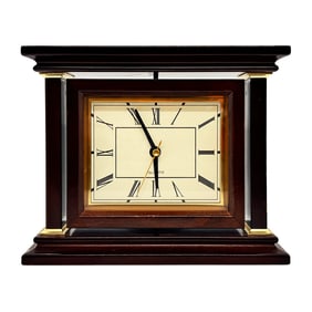 BOMBAY CO. 'Mantle Swivel Clock' (1990) Mahogany Wood + Brass Clock/Frame
