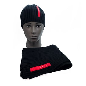 PRADA SPORT 'Beanie + Scarf' Black Wool Knit Set
