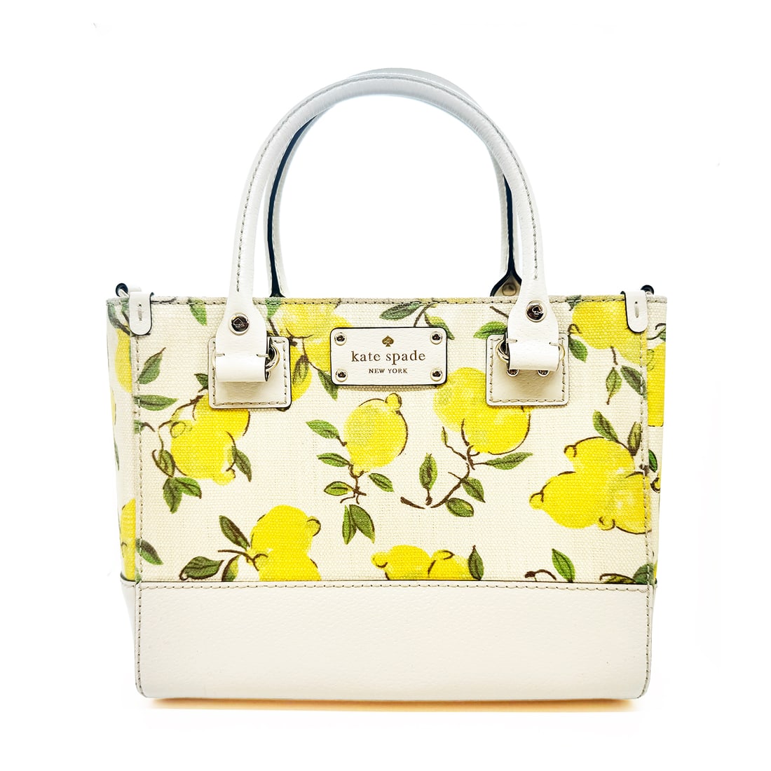 KATE SPADE 'Quinn Wellesley Lemon Fabric Satchel' (2018) *NEW* Patent Leather Crossbody Satchel: 'Quinn Wellesley Lemon Fabric Satchel' by Kate Spade, 2014 Retired canvas print and leather crossbody satchel designer bag. 8 x 10 x 4 Inches 19 x 28 x 12.7 Centimeters Following one of the designer's