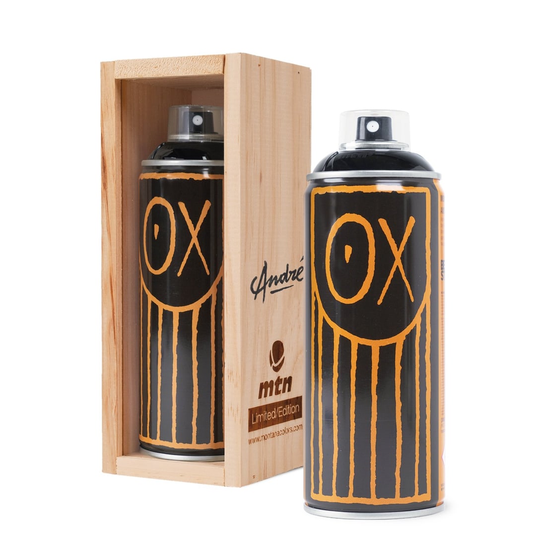 MR. ANDRE 'Mr. A Face' (orange) Collectible Spray Can: 'Mr. A Face' by Mr. Andre (Andre Saraiva), 2021 Collab. display with MTN Paints and Beyond the Streets. Orange edition. 7.5 x 2.5 Inches (spray can) 8.6 x 3 x 3.3 Inches (display) MTN spray can featur