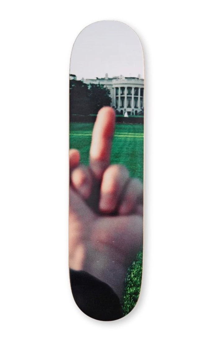 AI WEIWEI 'Study of Perspective - White House' Skateboard Deck: 'Study of Perspective - White House' by Ai Weiwei, 2021 8.25 x 32 Inches Screen print on 7-ply Hard Rock Maple hardwood skate deck. Limited Timed Edition Artist signed in the plate on topside of deck.