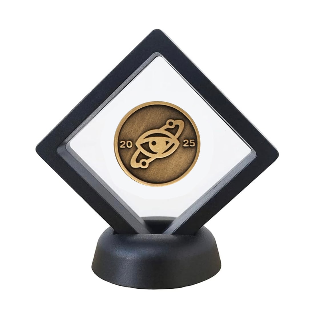 IMBUE 'Rabbit Puzzle' (2025) Limited Edition Brass Coin w/Display: 'Rabbit Puzzle' by Imbue, 2025 Limited Edition collectible coin with the artist's latest coded puzzle. 1.25 Inches diameter. 3.2 Centimeters diameter. 2.75 x 2.3 x 1.5 Inches (display)