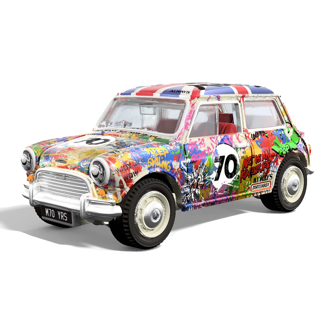 MR. BRAINWASH x Matchbox 'Austin Mini Cooper S' (2024) 1:64 Scale Car + Display: 'Austin Mini Cooper S' by Matchbox, 2023 Limited Edition collector car collab. by artist Mr. Brainwash x Mattel Creations. Based on the real 1964 Mini Cooper hand-painted in Mr. Brainwash graffiti liv