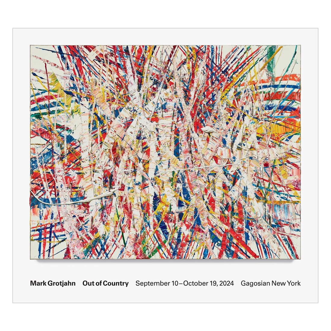 MARK GROTJAHN 'Out of Country' (2024) Offset Lithograph Exhibit Poster: 'Out of Country' by Mark Grotjahn, 2024 From the artist's solo exhibition at Gagosian, NY. Based on the artist's 'Untitled (Backcountry 55.89)', 2023. 27 x 30 Inches 68.6 x 76.2 Centimeters Rare of