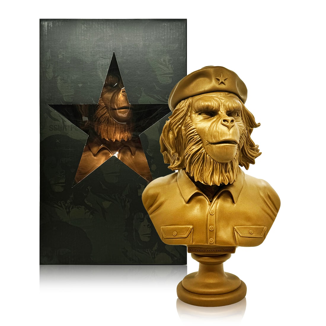 SSUR x 3DRetro 'Rebel Ape' (2013) DesignerCon Excl. Vinyl Art Bust: 'Rebel Ape' by SSUR (aka Russ Karablin), 2013 Limited Edition figure bust collab. with 3DRetro. DesignerCon 2013 exclusive gold variant. 12 x 7.5 x 5.5 Inches 30.5 x 19 x 14 Centimeters 13.65