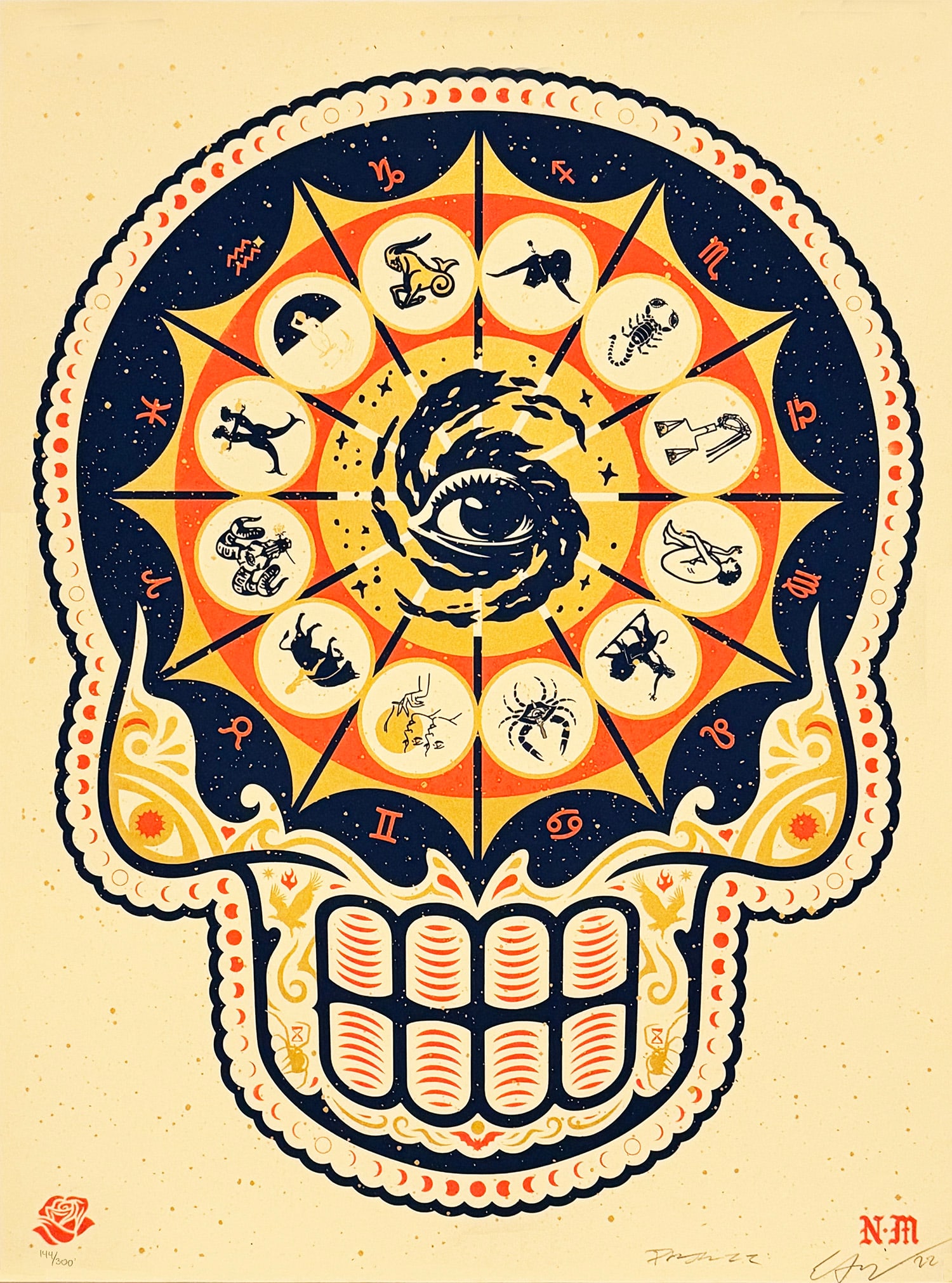 ERNESTO YERENA x NEVER MADE 'Mystic Calavera' (2022) Collab. Screen Print: 'Mystic Calavera' by Ernesto Yerena, 2022 Limited Edition screen print collab. with artist Francisco Reyes, Jr. aka Never Made. Based on Yerena's famous Calavera skulls and Reyes' 'Zodiac Chart'
