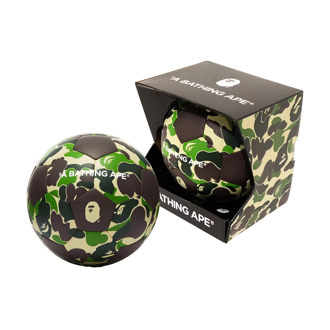 BAPE 'ABC Camo' (2021) Reg. Size 5 Soccer Ball: 'ABC Camo' by BAPE, 2021 Limited Edition Soccer Ball collab. with Nowhere Co., Ltd. Green camo variant. 27.5 Inch circumference. 61 Centimeters ci