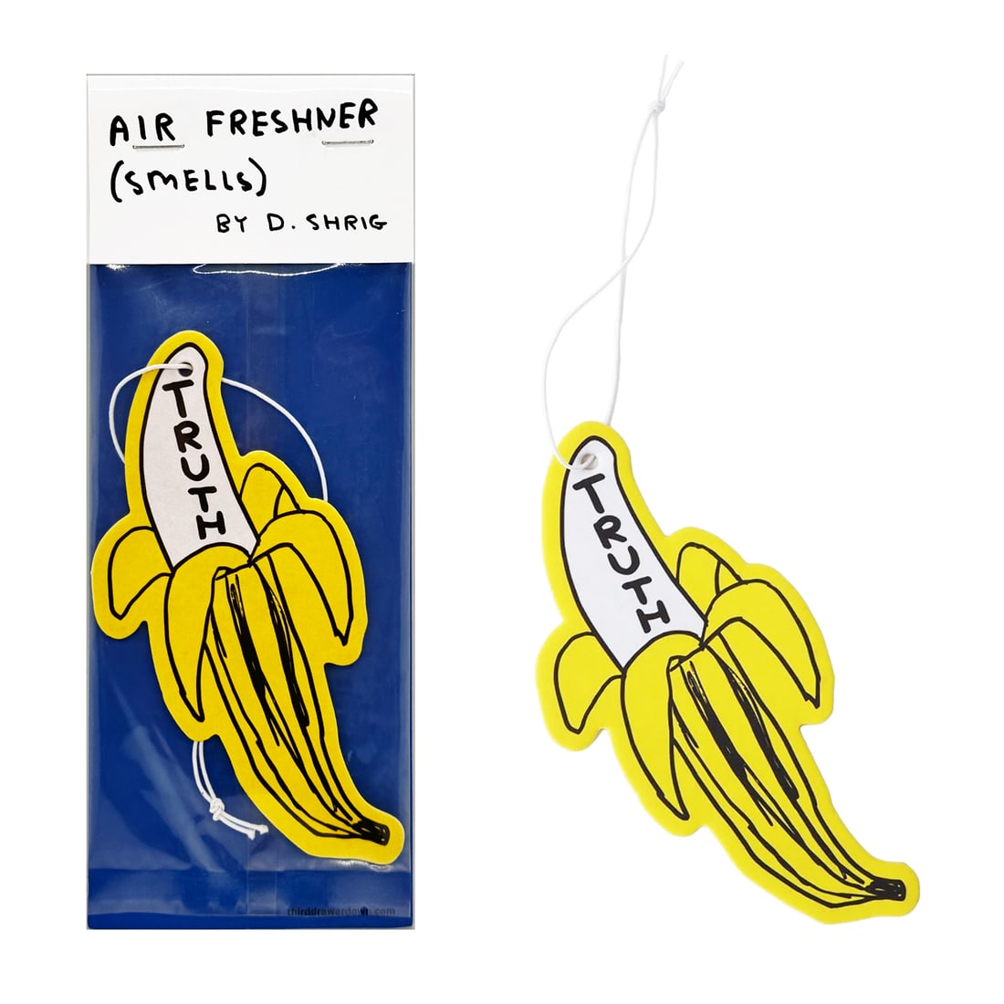 DAVID SHRIGLEY 'Truth Banana' (2019) Collectible Air Freshener: 'Truth Banana' by David Shrigley, 2019 Collectible air freshener based on the artist's work from 2017. 5.4 x 2.6 Inches 13.6 x 6.63 Centimeters 8 x 3.3 Inches (package) Ocean-scent air freshen
