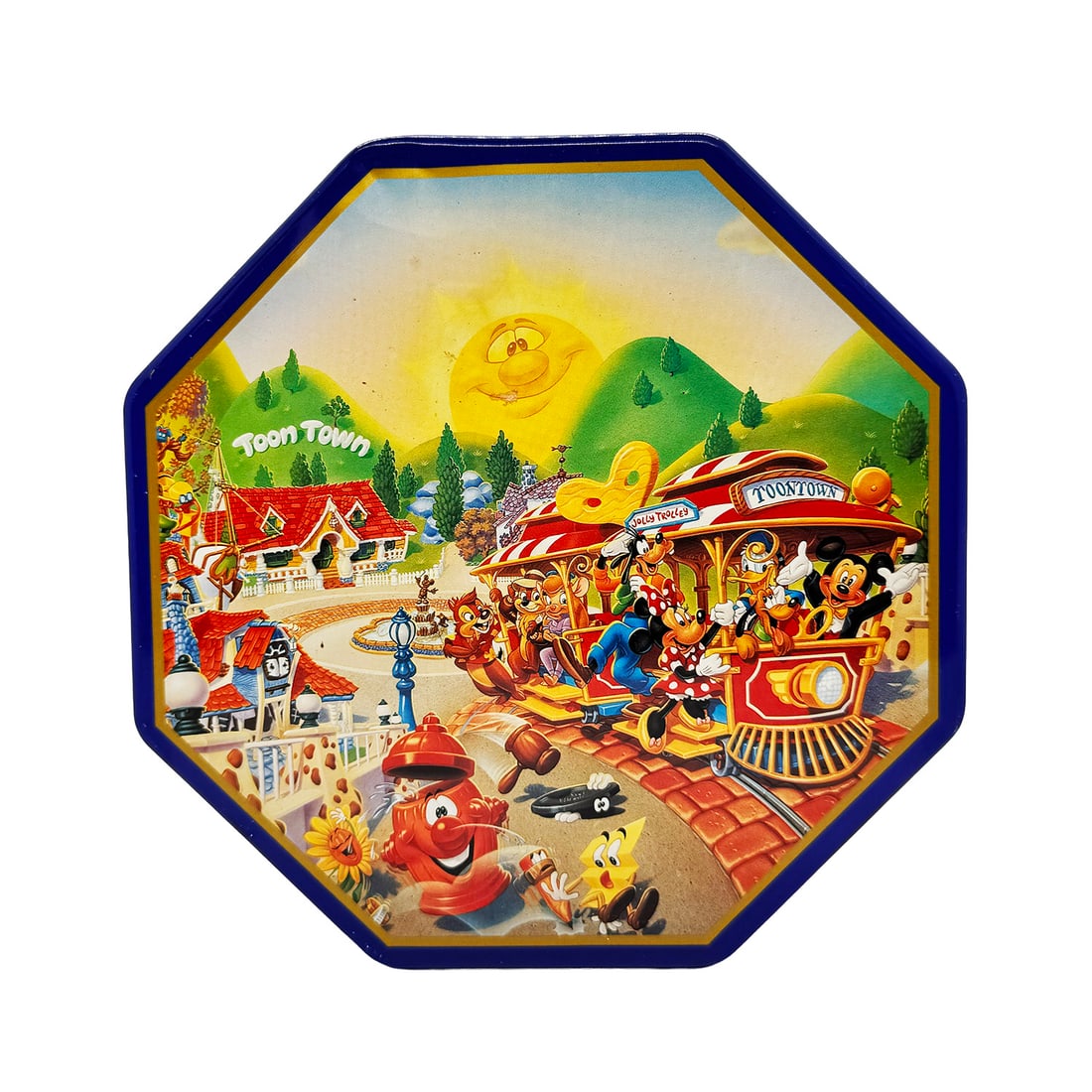 DISNEY 'Disneyland Toontown' (1993-1994) Collectible Candy Tin: 'Disneyland Toontown Candy Tin' by Walt Disney Attractions, Inc., 1993-1994 8 x 8 x 3 Inches Celebrating the Grand Ppening of Mickeys Toontown at Disneyland in Anaheim, CA. Collectible tin case with "