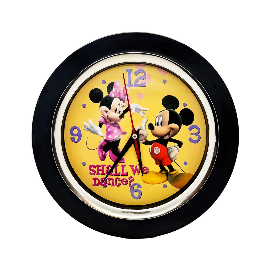 DISNEY 'Mickey and Minnie: "Shall We Dance?"' (2010-2012) Collectibe Wall Clock: 'Mickey and Minnie: "Shall We Dance?" Wall Clock' by Disney, 2010-2012 9.75 x 9.75 x 1.5 Inches Collectible Mickey and Minnie Mouse wall clock. Lightweight molded black plastic housing with acrylic fa