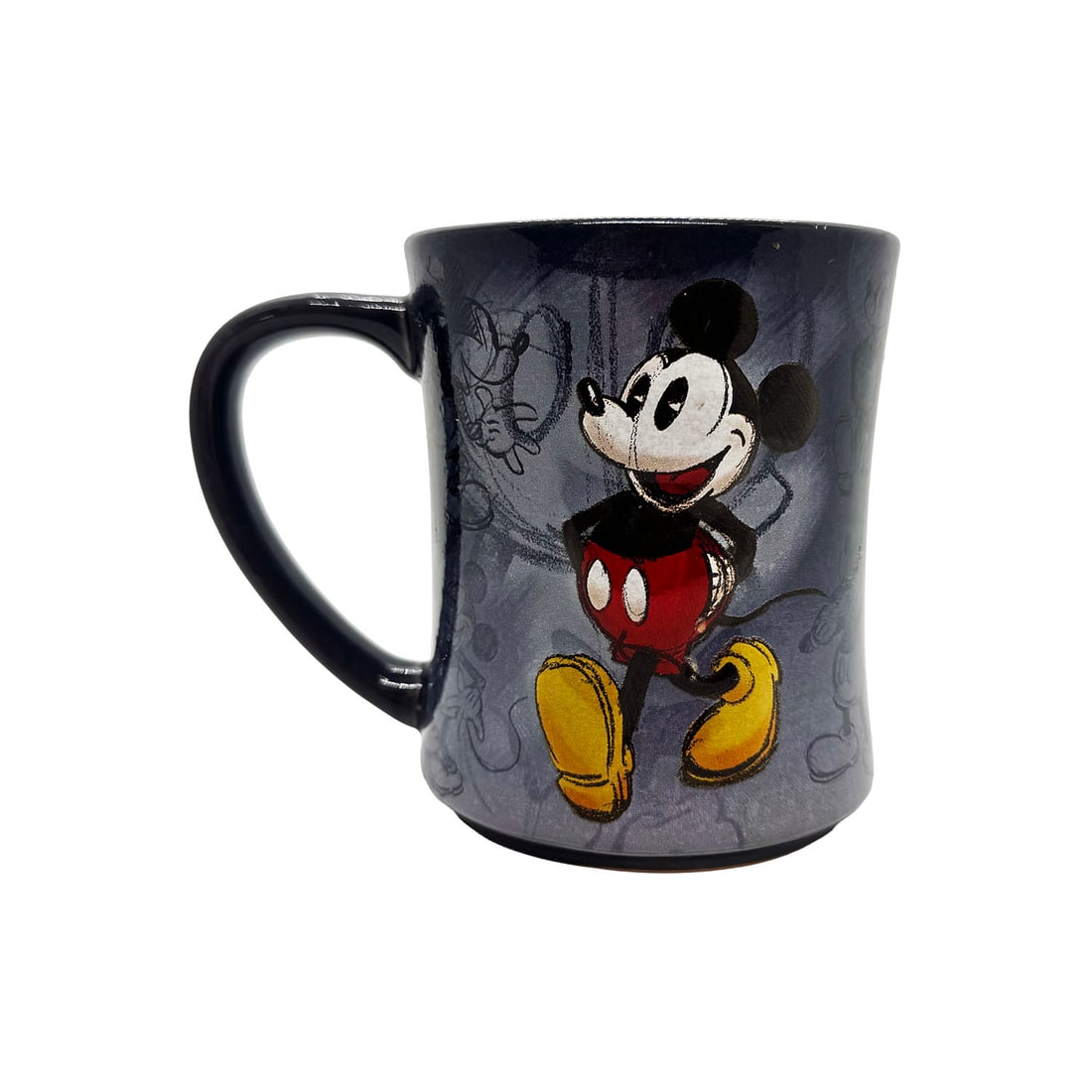 DISNEY 'Mickey Sketch' (2011-2013) Collectible Coffee Mug: 'Mickey Sketch Mug' by Disney, 2011-2013 4.5 x 5.5 Inches Collectible ceramic coffee mug. Embossed Mickey Figure with vintage sketch background. Available exclusively from The Disney Store. Very good