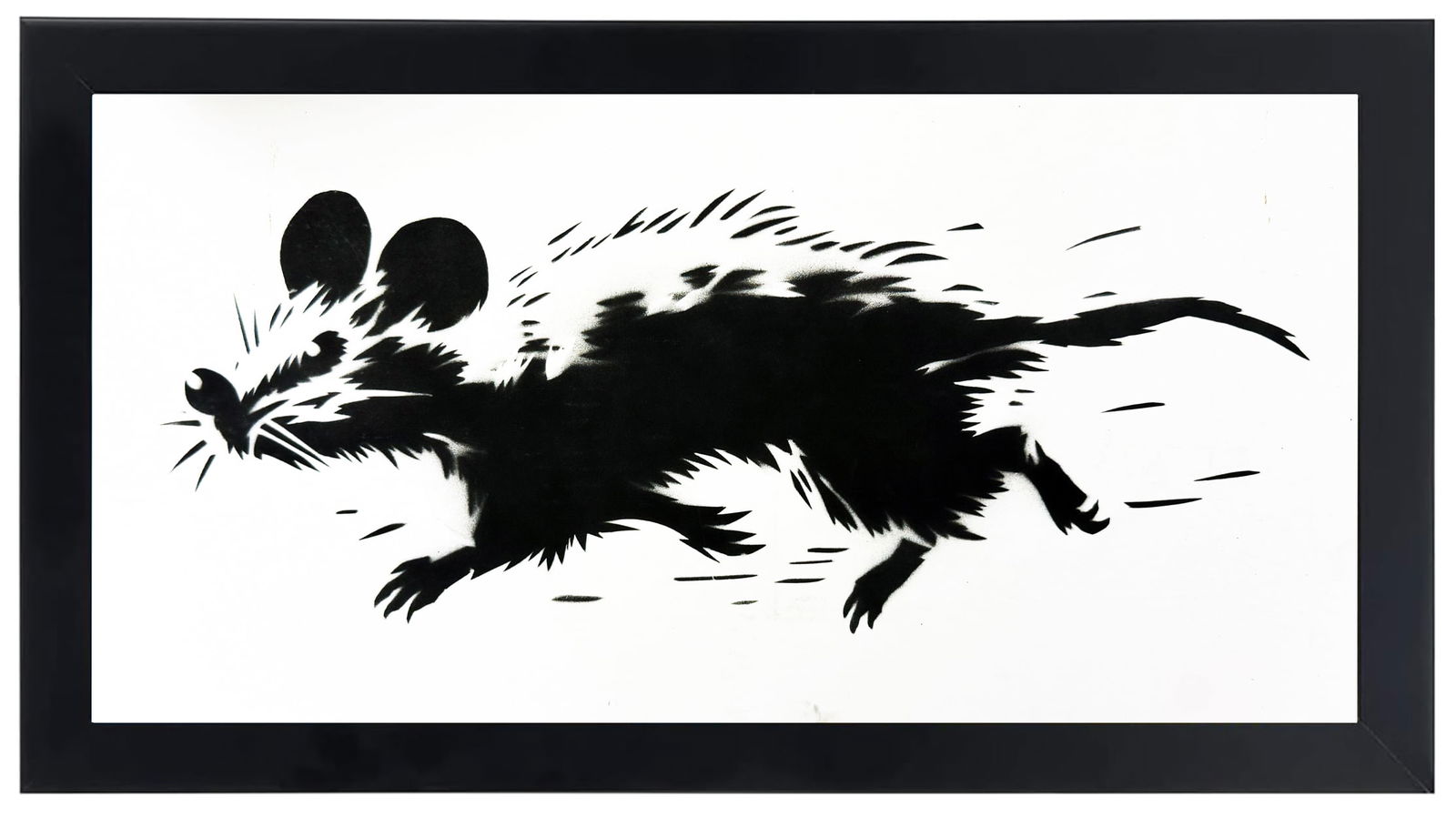 JEFF GILLETTE 'Minksy Running' (2025) Hand-Drawn, Framed Original on Cardboard: 'Minksy Running' by Jeff Gillette, 2025 Unique 1/1 on white cardboard of the Gillette's rat character made famous at artist Banksy's "Dismaland" installation. 10 x 20 Inches/25.4 x 50.8 Centim