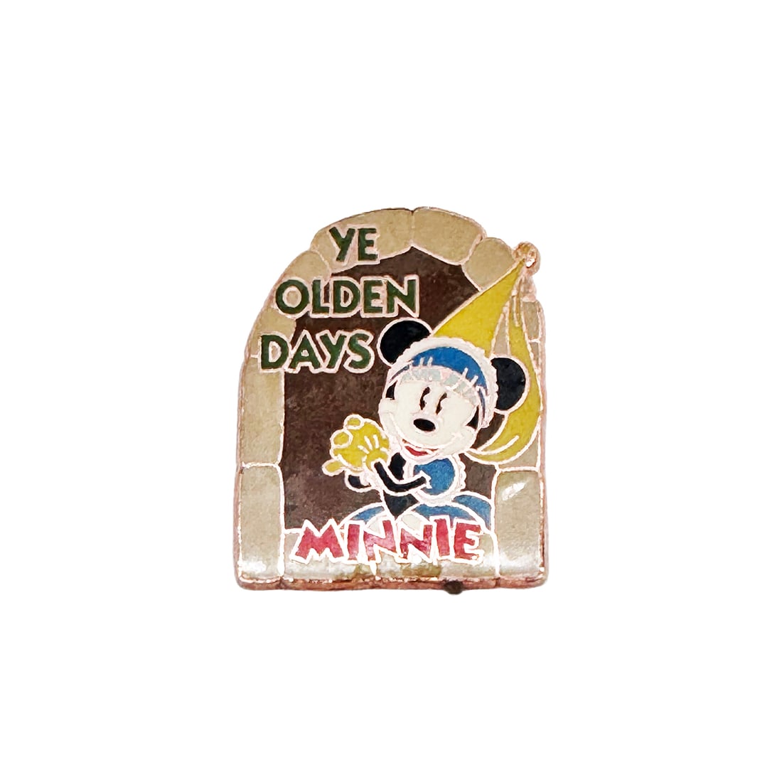 DISNEY - Collectible Park Pins - 'Ye Olden Days' - Minnie Mouse (1980-1990): 'Ye Olden Days' by Disney (1980-1990) 1.5 - 2 Inches Disney Parks/Disney Store collectible pin. "Minnie Mouse" pin with vintage-style artwork. Enameled metal pin. Very good pre-owned condition. Each