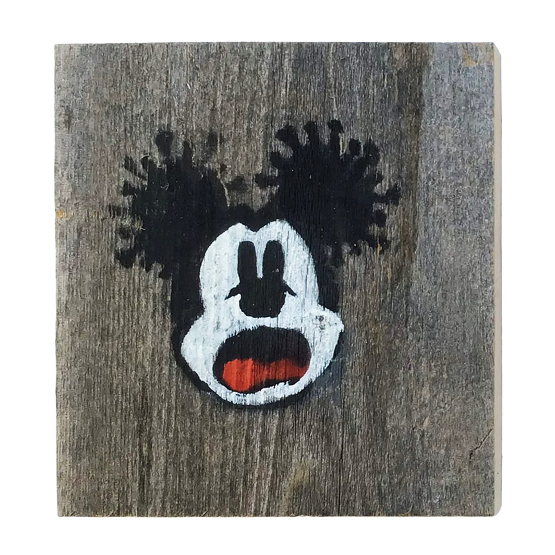 JEFF GILLETTE 'Mickey (COVID)' (2025) Hand-Painted Original on Wood Block: 'Mickey (COVID)' by Jeff Gillette, 2025 Unique original on reclaimed wood block. 5.5 x 4.6 x 1 Inches 14 x 11.7 x 14 Centimeters Original acrylic and spray paint on weathered, reclaimed wood bloc